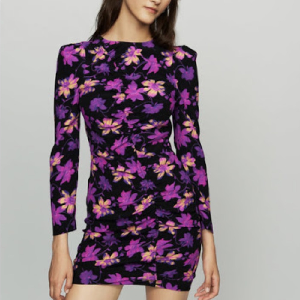 Maje Rosamar purple floral ruched mini dress